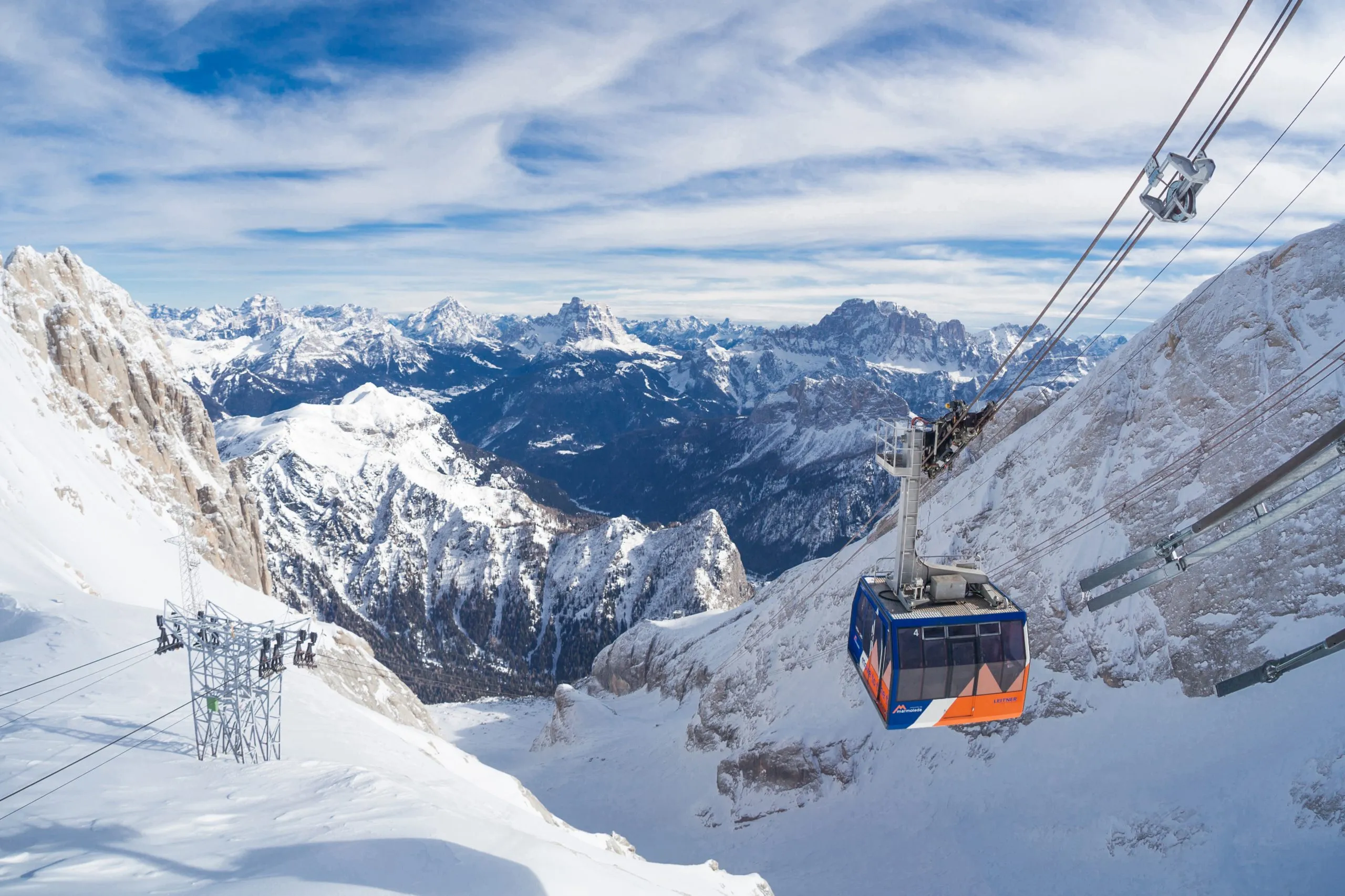 Malga Ciapela, Italy -  February 04, 2015: You can see one of the cable car that runs to the Marmolada glacier.