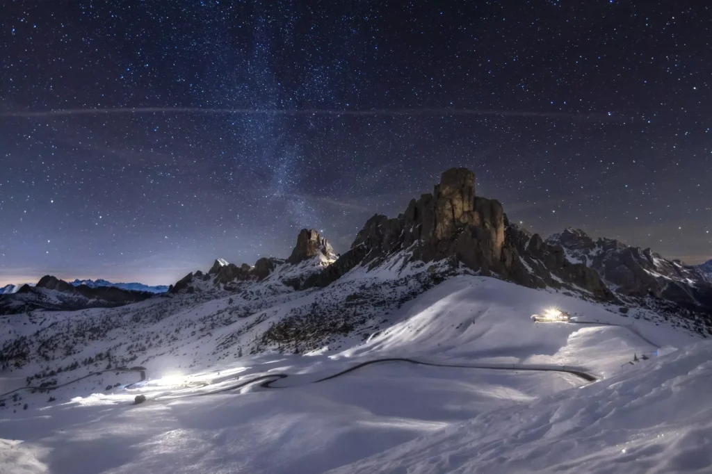 Starry winter night in Passo Giau, an alpine pass near Cortina d'Ampezzo, Dolomites, Italy