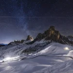 Starry winter night in Passo Giau, an alpine pass near Cortina d'Ampezzo, Dolomites, Italy